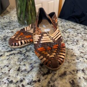 Hand Woven Leather Flats in Brown and Orange Made in Mexico Size 6